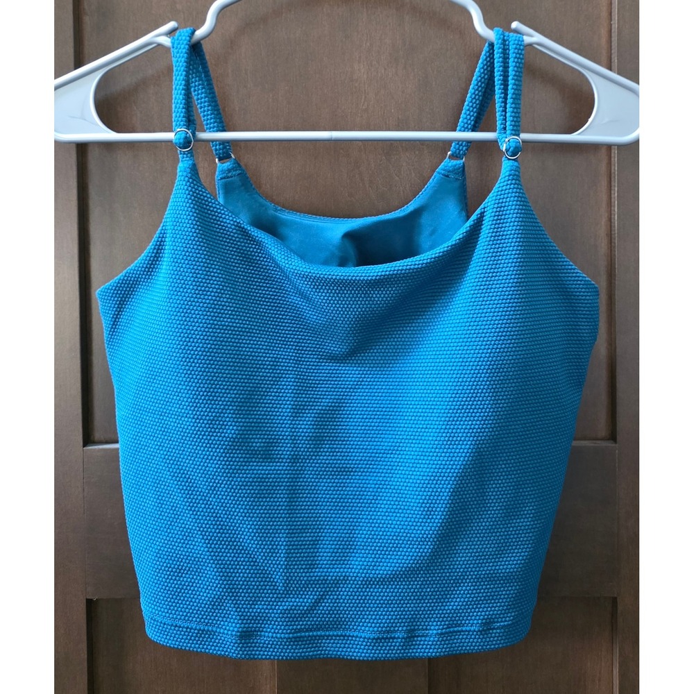 Athleta Aurora Crop Tank Top Teal Blue Textured Honeycomb Shelf Bra Womens Large